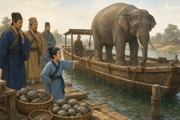 Illustration inspired by Cao Chong Weighs the Elephant.
