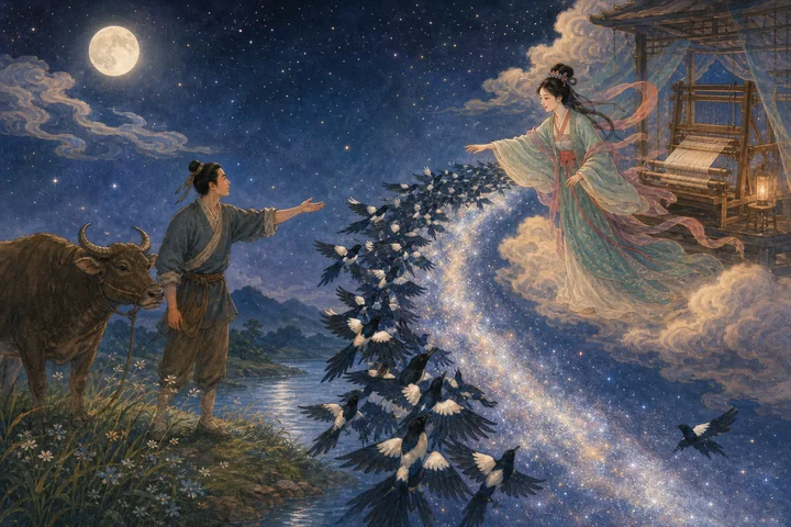 Illustration inspired by The Cowherd and the Weaver Girl and the Qixi Festival.