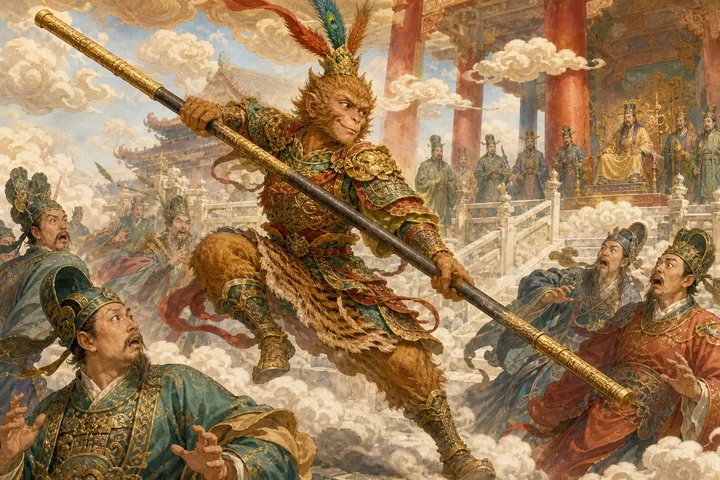 Illustration inspired by The Monkey King Causes Havoc in Heaven.