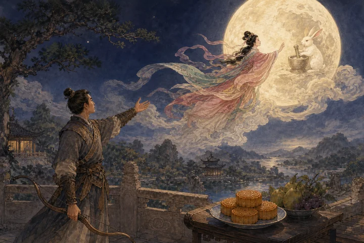 Illustration inspired by Chang'e and the Mid-Autumn Festival.