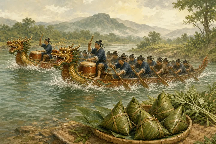 Illustration inspired by Qu Yuan and the Dragon Boat Festival.