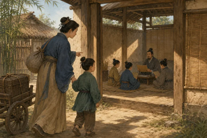 Illustration inspired by Mencius's Mother Moves Three Times.